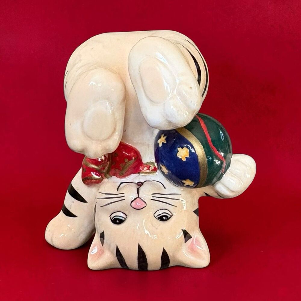 Vintage 3” Ceramic Christmas Kitty Figurine - Playful Upside Down Tabby Cat
